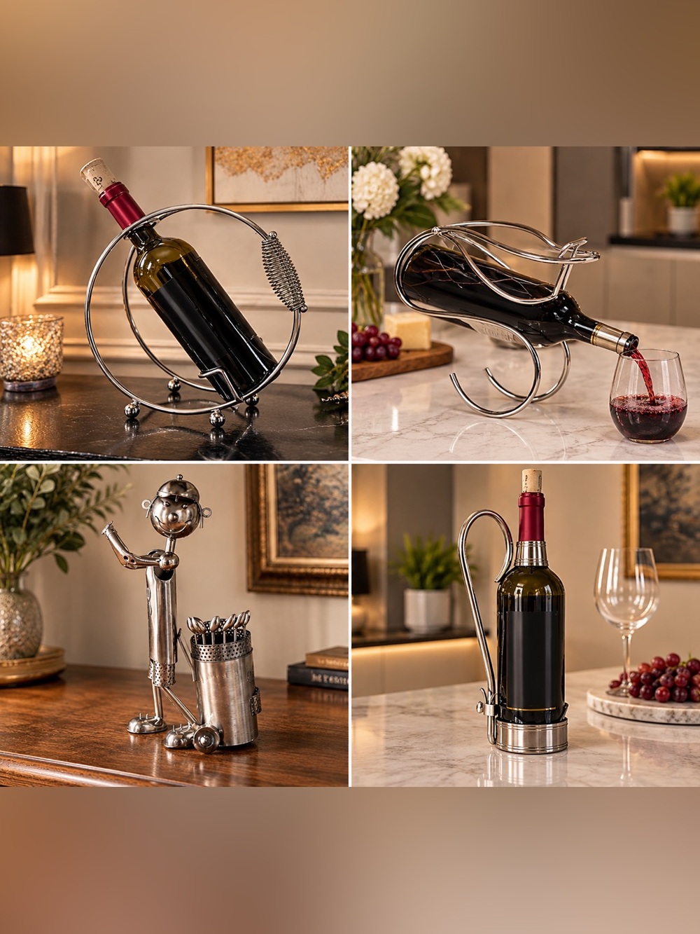 Silver Metal Wine Bottle Holder - Modern Home Dining Accent